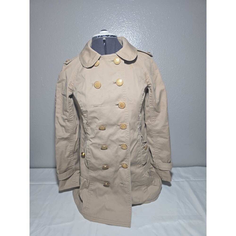 Juicy Couture Y2K Princess Double Breasted Ruffle Trench Coat Beige Gold Button